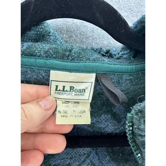 Vintage L.L. Bean Women's sz M Oak Leaf Print Green Blue Fleece Zip Up Hoodie - Picture 8 of 10